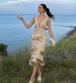 PatBo Fringed Midi Dress Gold Shimmer Tassel Size AU 10  for rent on The Volte - image 1