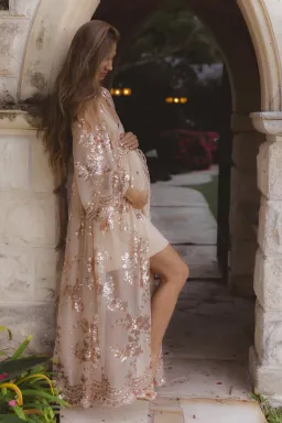 Coven & Co Maternity Melody Sequin Duster Gown Rose Gold Size 12 for rent on The Volte - image 1