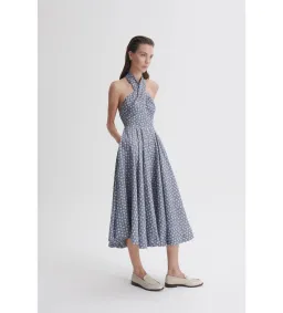 Scanlan Theodore Linen Printed Halter Midi Dress Blue White Size AU 6 for rent on The Volte - image 2