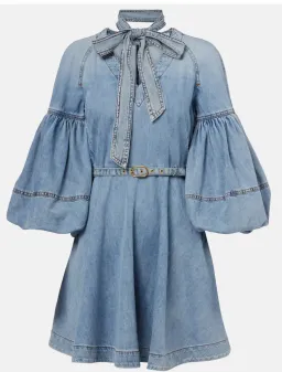 Zimmermann Tie-neck puff-sleeve denim minidress size 1 for rent on The Volte - image 5