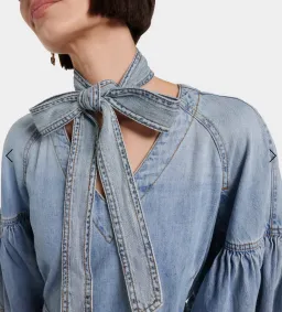 Zimmermann Tie-neck puff-sleeve denim minidress size 1 for rent on The Volte - image 3