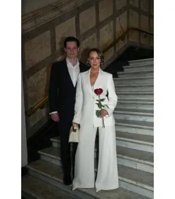 Carla Zampatti Crepe Long Line Jacket and Wide Waisted Pant Set Ivory Size AU 6 for rent on The Volte - image 1