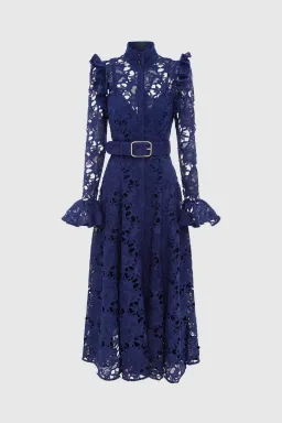 Leo Lin Aliyah Lace Butterfly Sleeve Midi Dress Oxford Blue Size 10  for rent on The Volte - image 3