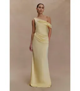 Meshki Dalia Off Shoulder Maxi Satin Dress Lemon Size 10 for rent on The Volte - image 1