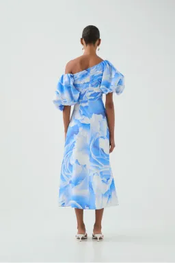 AJE CADENCE RUCHED MIDI DRESS in FLORAL BLUE SIZE 12 for rent on The Volte - image 5