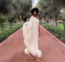 Taller Marmo Ubud One Shoulder Feather Trimmed Crepe Maxi Dress Ivory for rent on The Volte - image 4