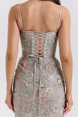 House of CB Naima Embellished Beaded Corset Maxi Dress Silver size 8 for rent on The Volte - image 7