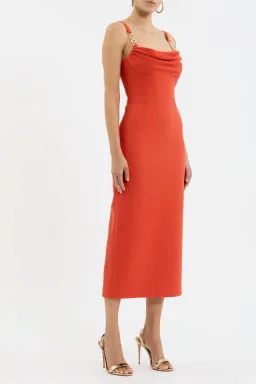 Rebecca Vallance Empress Midi Dress Orange With Gold Trim Size 10 for rent on The Volte - image 2