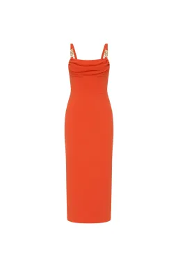 Rebecca Vallance Empress Midi Dress Orange With Gold Trim Size 10 for rent on The Volte - image 4