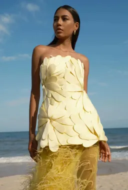 Justin Tong Marisol Applique Gown Yellow Feather Sheer Dress Size 10 for rent on The Volte - image 10