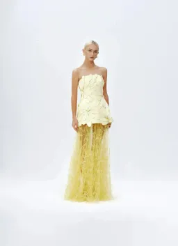 Justin Tong Marisol Applique Gown Yellow Feather Sheer Dress Size 10 for rent on The Volte - image 1