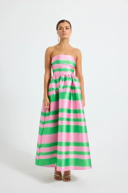 Pasduchas Gigi Strapless Midi Dress in Watermelon Green/Pink Stripe Print Size 10 for rent on The Volte - image 1