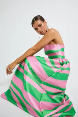 Pasduchas Gigi Strapless Midi Dress in Watermelon Green/Pink Stripe Print Size 10 for rent on The Volte - image 2