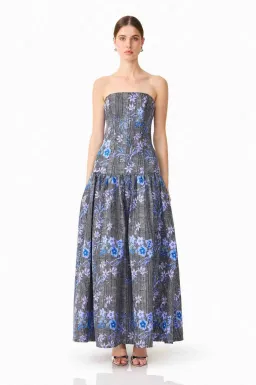 Allana Jacquard Strapless Gown in Black & Blue Floral for rent on The Volte - image 2