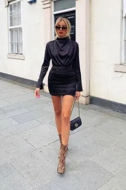 House Of CB Satin Draped Ruched Black Mini Dress M Medium 10 for rent on The Volte - image 2