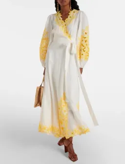 Zimmermann Golden Embroidered Midi Dress | White/Yellow, Wrap Style Size 3 /14 Anglaise, Dolman for rent on The Volte - image 1