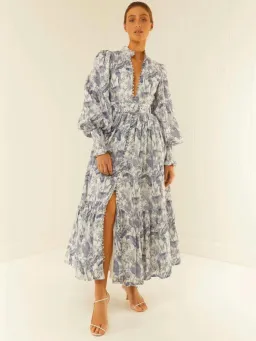 Palm Noosa Royal Flush Maxi Dress Size AU 14 Linen Jungle Blue Floral Print Long Sleeve for rent on The Volte - image 3
