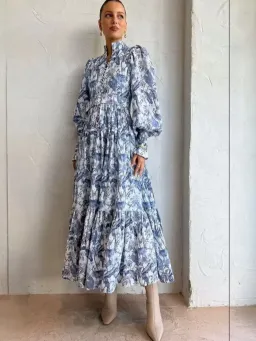 Palm Noosa Royal Flush Maxi Dress Size AU 14 Linen Jungle Blue Floral Print Long Sleeve for rent on The Volte - image 1