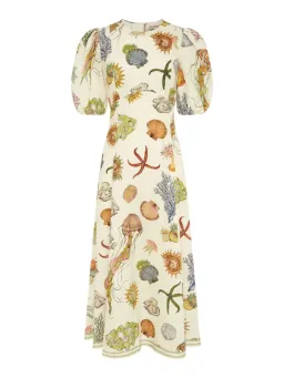 Alemais Sea Print Midi Dress Size 14 Linen Puff Sleeve Aline for rent on The Volte - image 3