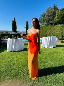 MESHKI Amaya Strapless Chiffon Maxi Dress Koi Orchid Print Size XS for rent on The Volte - image 1