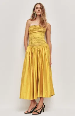 AJE Marigold Chartreuse Strapless Ruched Midi Dress SZ 14 (also fits 12) for rent on The Volte - image 1