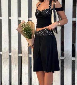 Don’t Go Naked Polka Dot Halter Set Black One Size for rent on The Volte - image 2