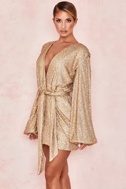 House of CB Verina Sequin Tye Up Mini Dress Gold Size 8 for rent on The Volte - image 2