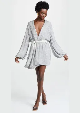 Retrofete Gabrielle Sequin Wrap Mini Dress Silver Size AU 4  for rent on The Volte - image 1