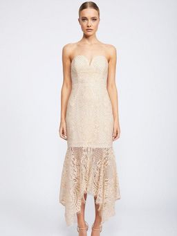 Shona Joy Lace Bustier Handkerchief Midi Dress Nude size 8  for rent on The Volte - image 1