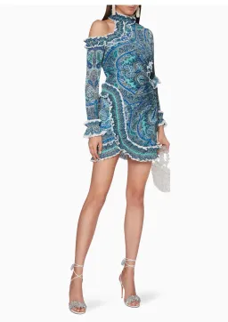 Zimmermann Moncur Asymmetric Mini Dress Aqua Paisley Size 0 / AU 8 for rent on The Volte - image 1