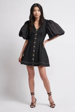 Aje Quietude Puff Sleeved Linen Mini Dress Black Size 8 for rent on The Volte - image 1