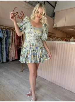 Leo and Lin Verde Puff Sleeve Mini Dress Floral Size AU 12 for rent on The Volte - image 2