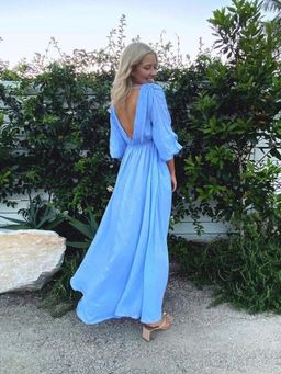 Scanlan Theodore Italian Linen Low Back Dress Blue Size 8 for rent on The Volte - image 3