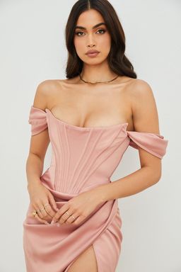House Of CB Loretta Blush Satin Off Shoulder Midi Dress Pink Size 8  for rent on The Volte - image 5