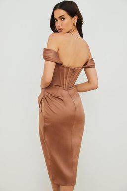 House Of CB Loretta Satin Off Shoulder Midi Dress Brown Size 8 for rent on The Volte - image 4