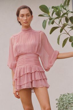 Shona Joy Olympia Long Sleeve Ruched Mini Dress Pink Size 12  for rent on The Volte - image 1