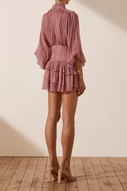 Shona Joy Olympia Long Sleeve Ruched Mini Dress Pink Size 12  for rent on The Volte - image 2