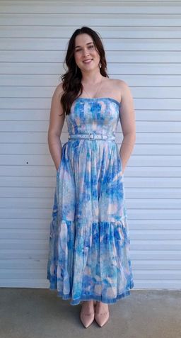 Leo and Lin Oceania Silk Linen Strapless Dress Print Size 12 for rent on The Volte - image 2