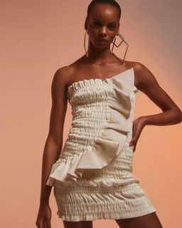 AREA NYC Metallic Ruched Ruffle Stretch Lamé Mini Dress Cream Size 8 for rent on The Volte - image 2