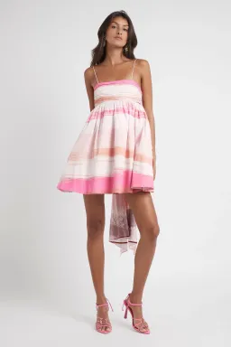 Aje Kasbah Sunset Stripe Ruched Bow Back Mini Dress Pink Size 6 for rent on The Volte - image 1