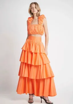 Aje Medina Ruched Cropped Top and Tiered Midi Skirt Set Orange Size 6 for rent on The Volte - image 1