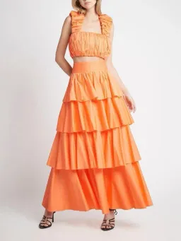 Aje Medina Ruched Cropped Top and Tiered Midi Skirt Set Orange Size 6 for rent on The Volte - image 2