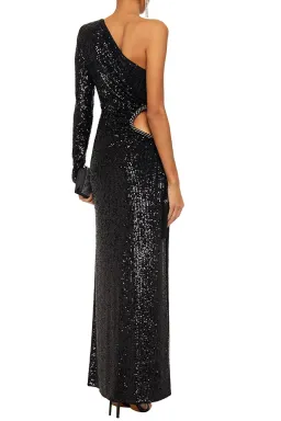 Dundas One Shoulder Cut Out Sequined Tulle Gown Black Size 8 for rent on The Volte - image 2