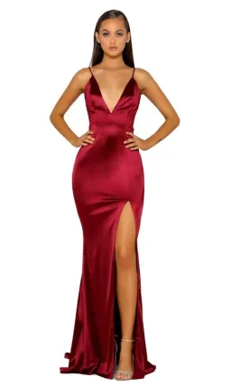 Portia & Scarlett PS5050 Deep Red Neck Backless Fitted Satin Evening Gown Burgundy Size 6 for rent on The Volte - image 1