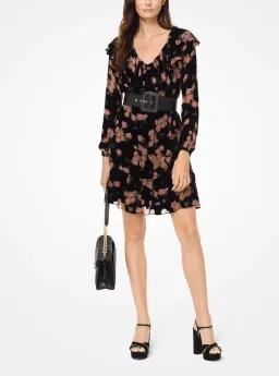 Michael Kors Belted Ruffled Floral-Print Devoré-Velvet Mini Dress Print Size 8 for rent on The Volte - image 1