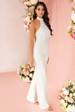 Club L London Make Me Blush Sequin Halter Neck Jumpsuit White Size 8 for rent on The Volte - image 1