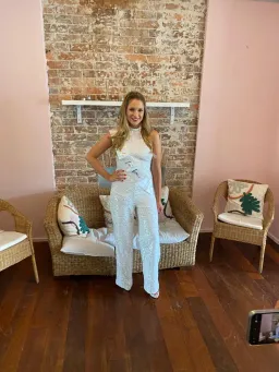 Club L London Make Me Blush Sequin Halter Neck Jumpsuit White Size 8 for rent on The Volte - image 3