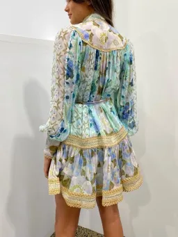 Zimmermann Rhythm Trimmed Billow Mini Dress Aqua Mixed Print Size 8 for rent on The Volte - image 2