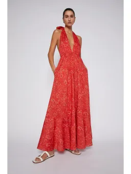 Scanlan Theodore Cotton Paisley Halter Dress Red Size AU 8 for rent on The Volte - image 2