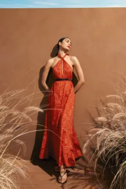 Scanlan Theodore Cotton Paisley Halter Dress Red Size AU 8 for rent on The Volte - image 1